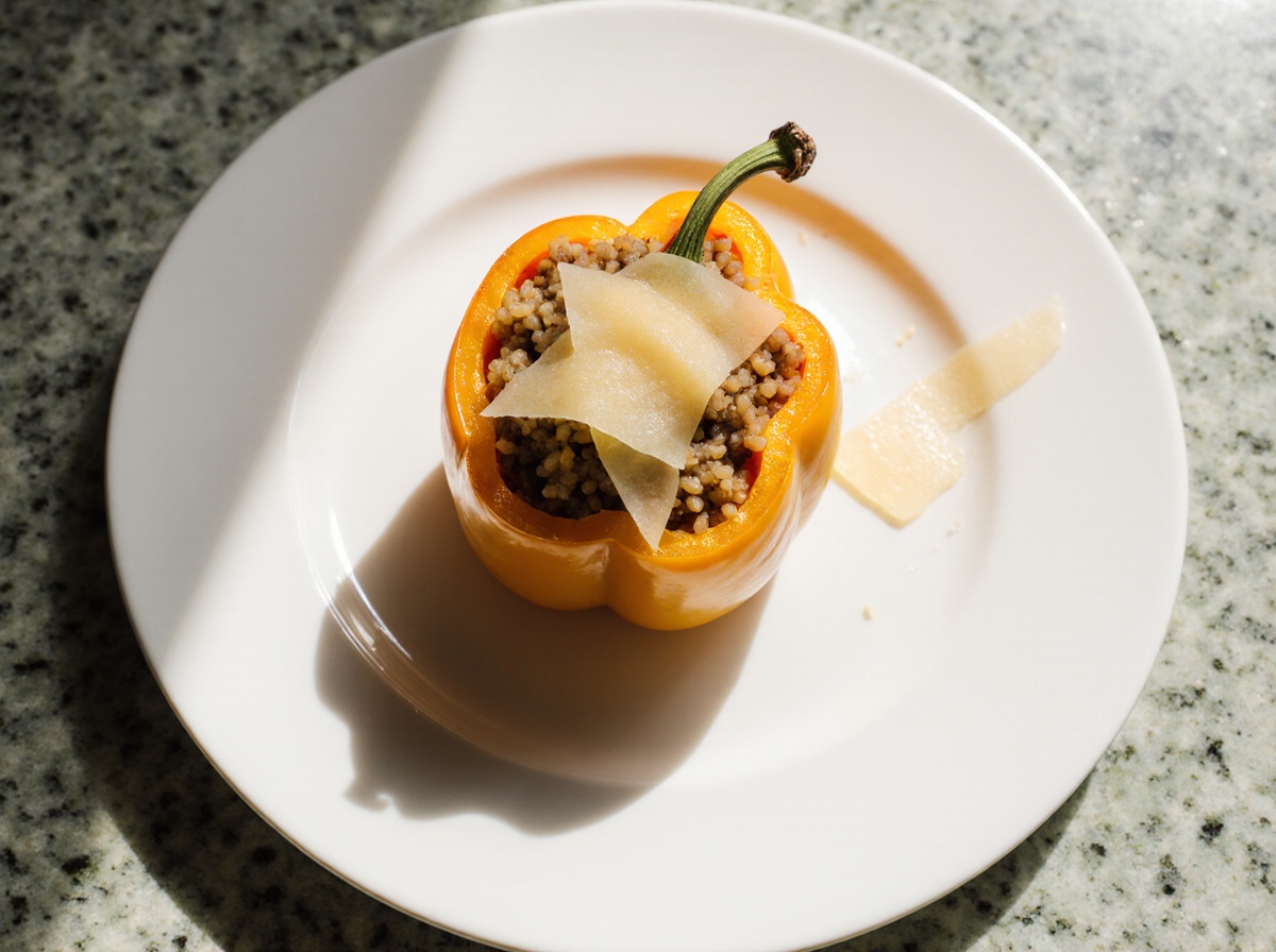 Poivrons farcis au boulgour cuisinés dans une friteuse à air.