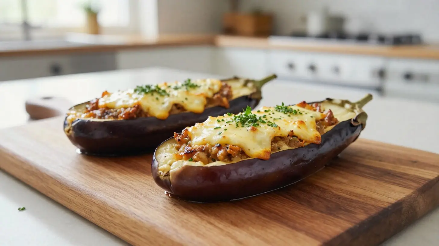 Aubergines farcies savoureuses cuites à l'airfryer avec une garniture délicieuse.