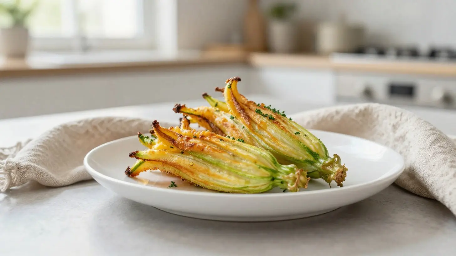 Délicieux beignets de fleurs de courgette cuits au Airfryer, croustillants et légers.