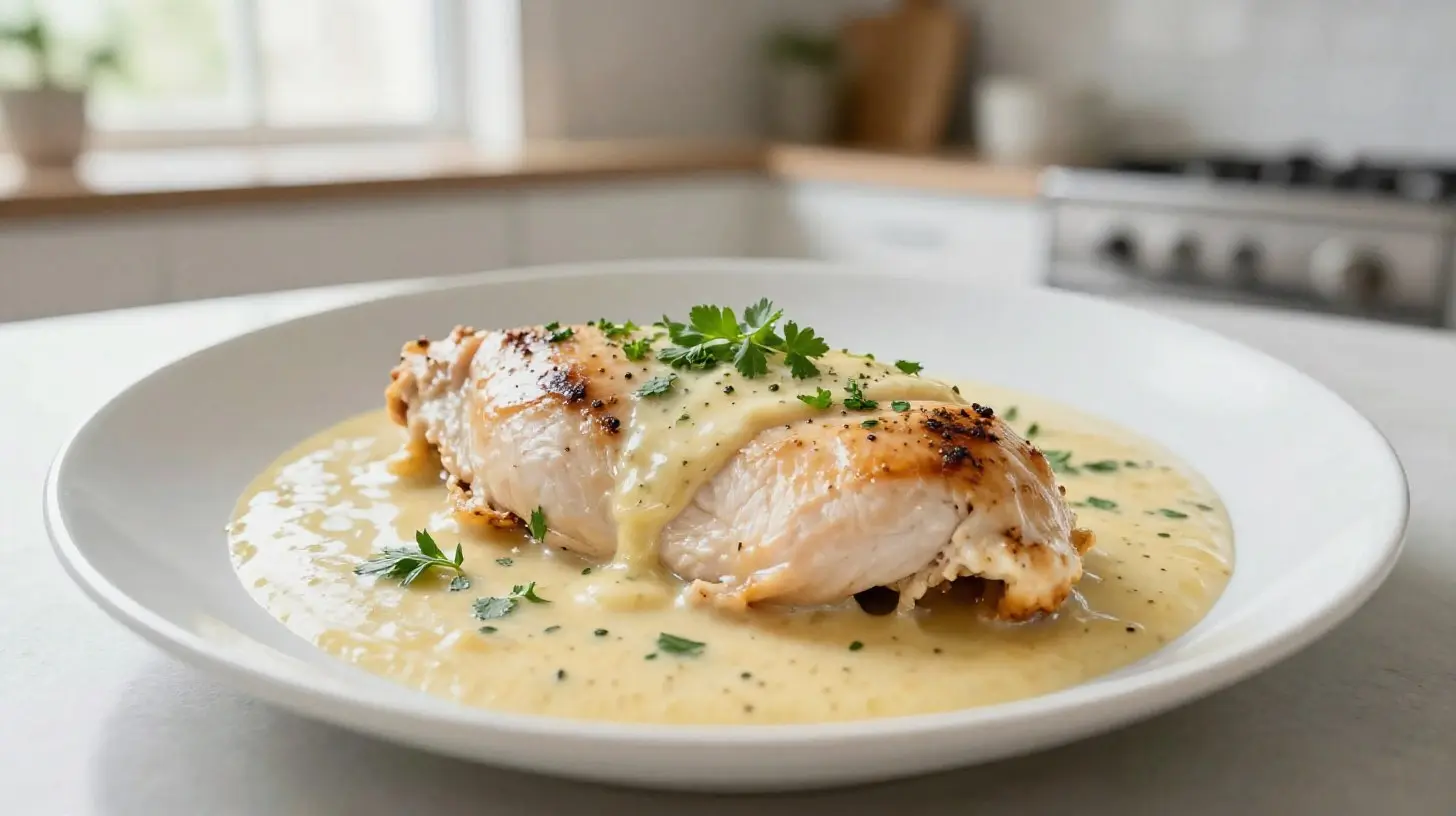 Délicieux blancs de poulet à la crème préparés au Airfryer pour un repas savoureux et rapide.