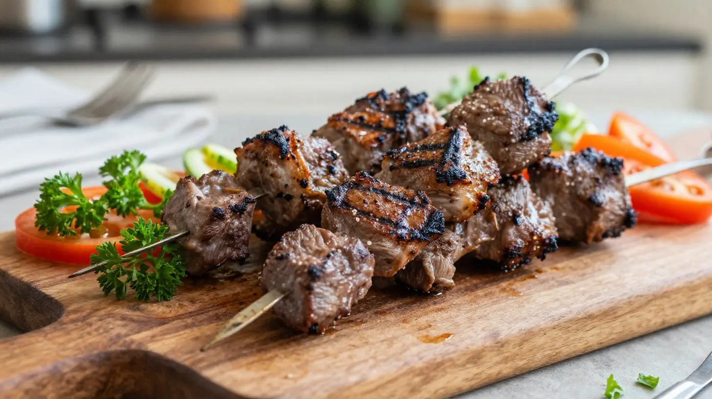 Délicieuses brochettes d'agneau préparées avec un airfryer pour une cuisson saine et rapide.