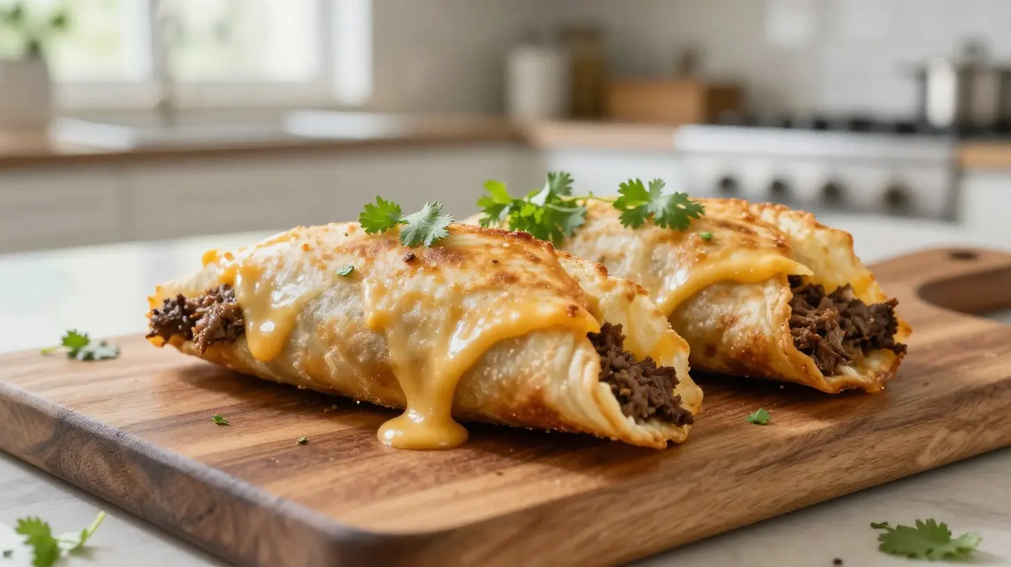 Délicieuses chimichangas croustillantes cuites à l'airfryer et garnies de viande savoureuse.