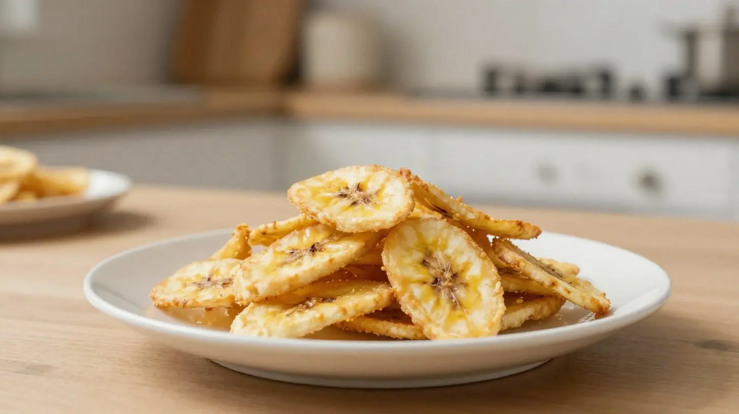 Délicieuses chips de banane croustillantes cuites au airfryer.