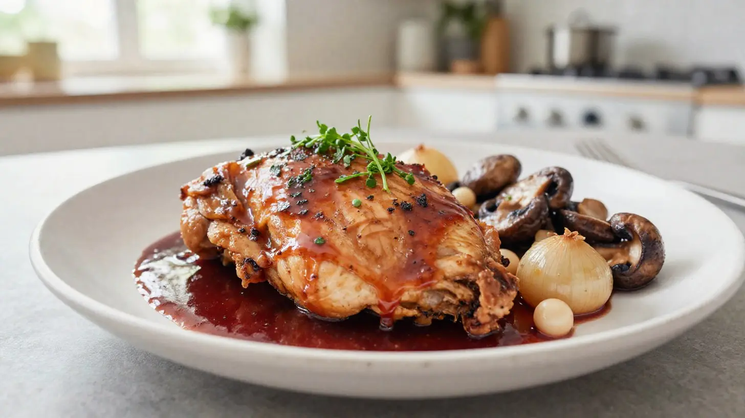 Délicieux coq au vin préparé dans un airfryer, savoureux et rapide.
