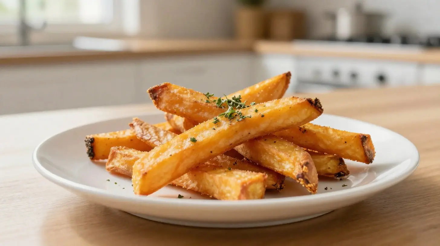 Frites de patate douce croustillantes cuites dans un airfryer, légères et savoureuses.