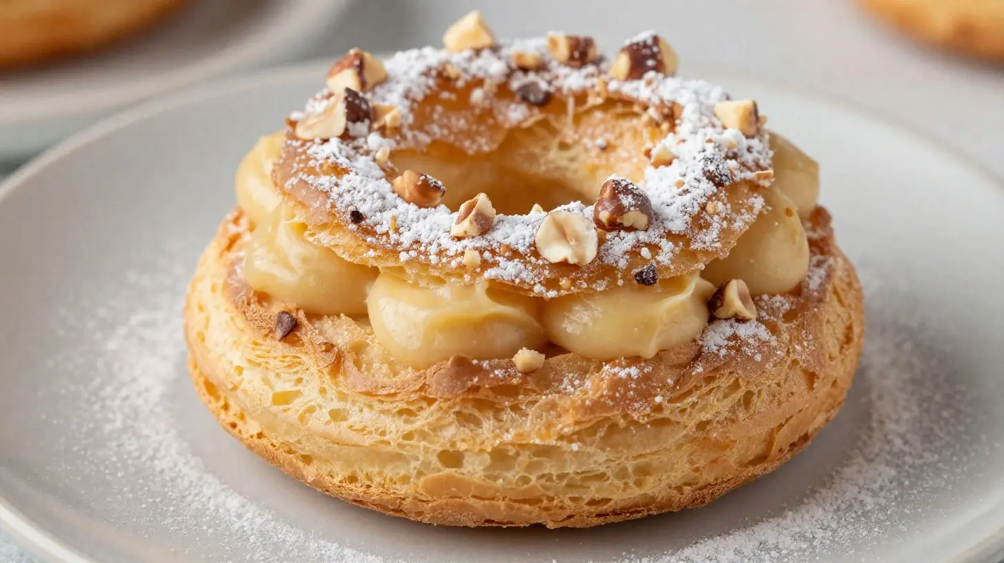 Délicieux Paris-Brest cuit à l'airfryer, rempli de crème pralinée.