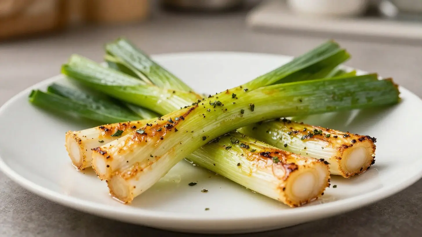 Délicieux poireaux fondus préparés dans un airfryer, dorés à la perfection.