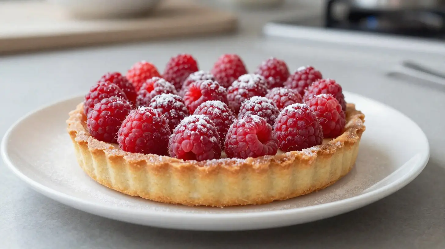 Délicieuse tarte aux framboises cuite à la perfection dans un airfryer, parfaite pour les amateurs de desserts fruités.