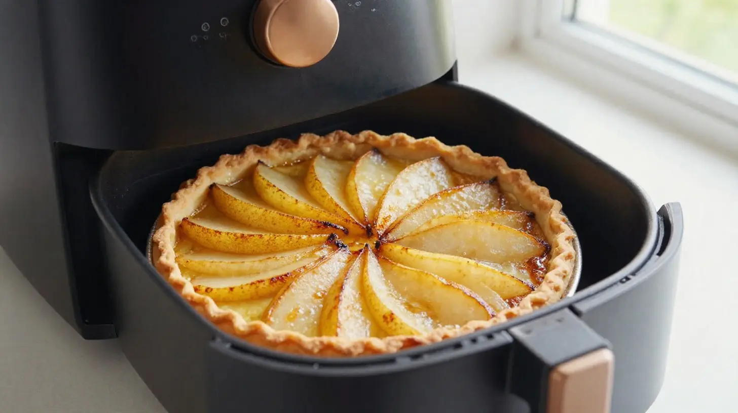 Délicieuse tarte aux poires préparée avec un airfryer, offrant une croûte dorée et des poires juteuses.
