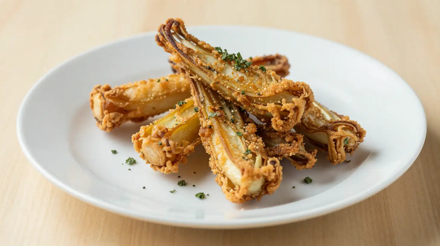 Délicieux cardons frits préparés dans un airfryer, croustillants et savoureux.