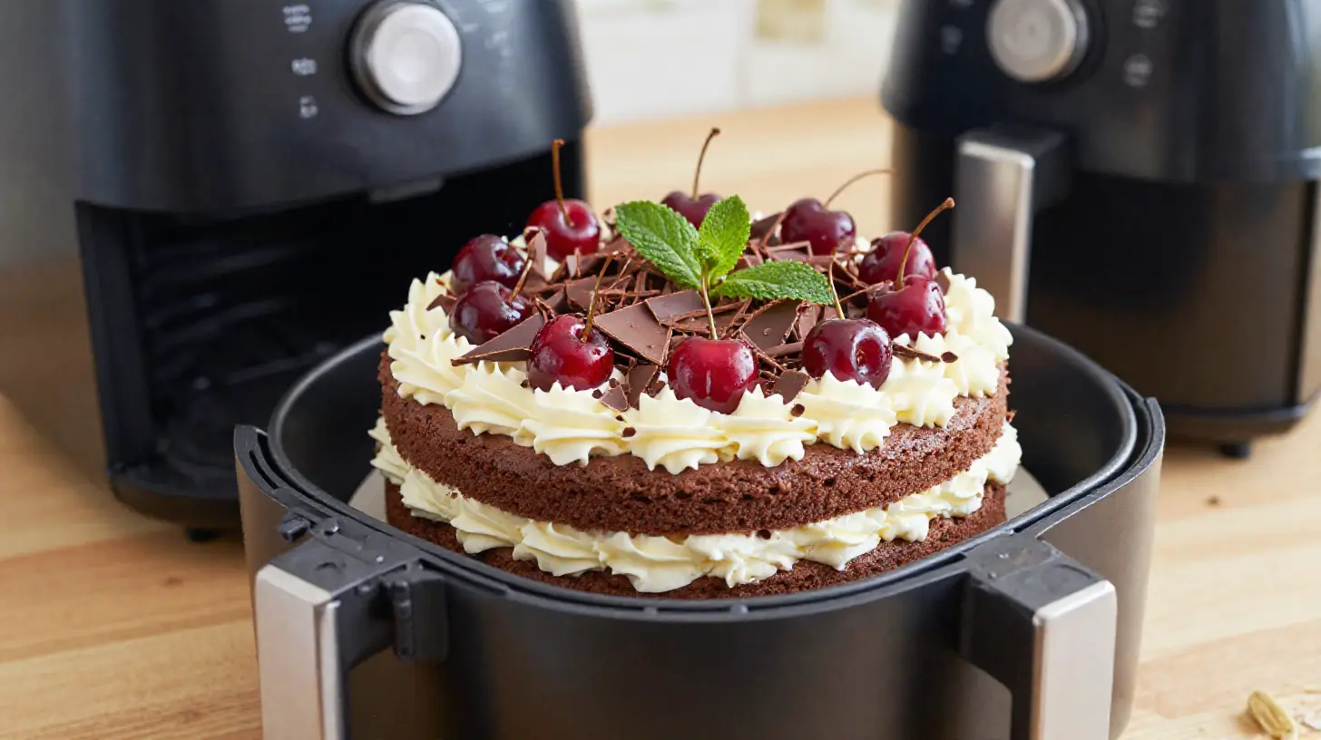 Délicieuse forêt noire préparée à l'airfryer, un dessert léger et moelleux.